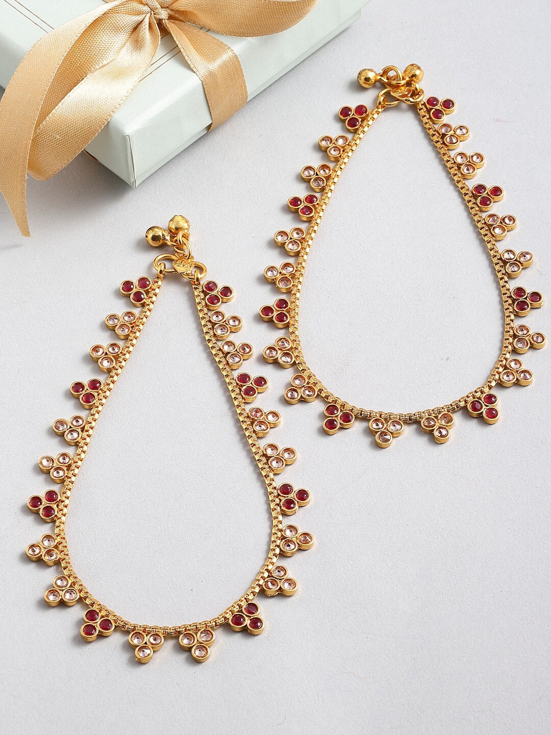 

ZENEME Set Of 2 Gold-Plated Stone-Studded Beaded Handcrafted Anklets
