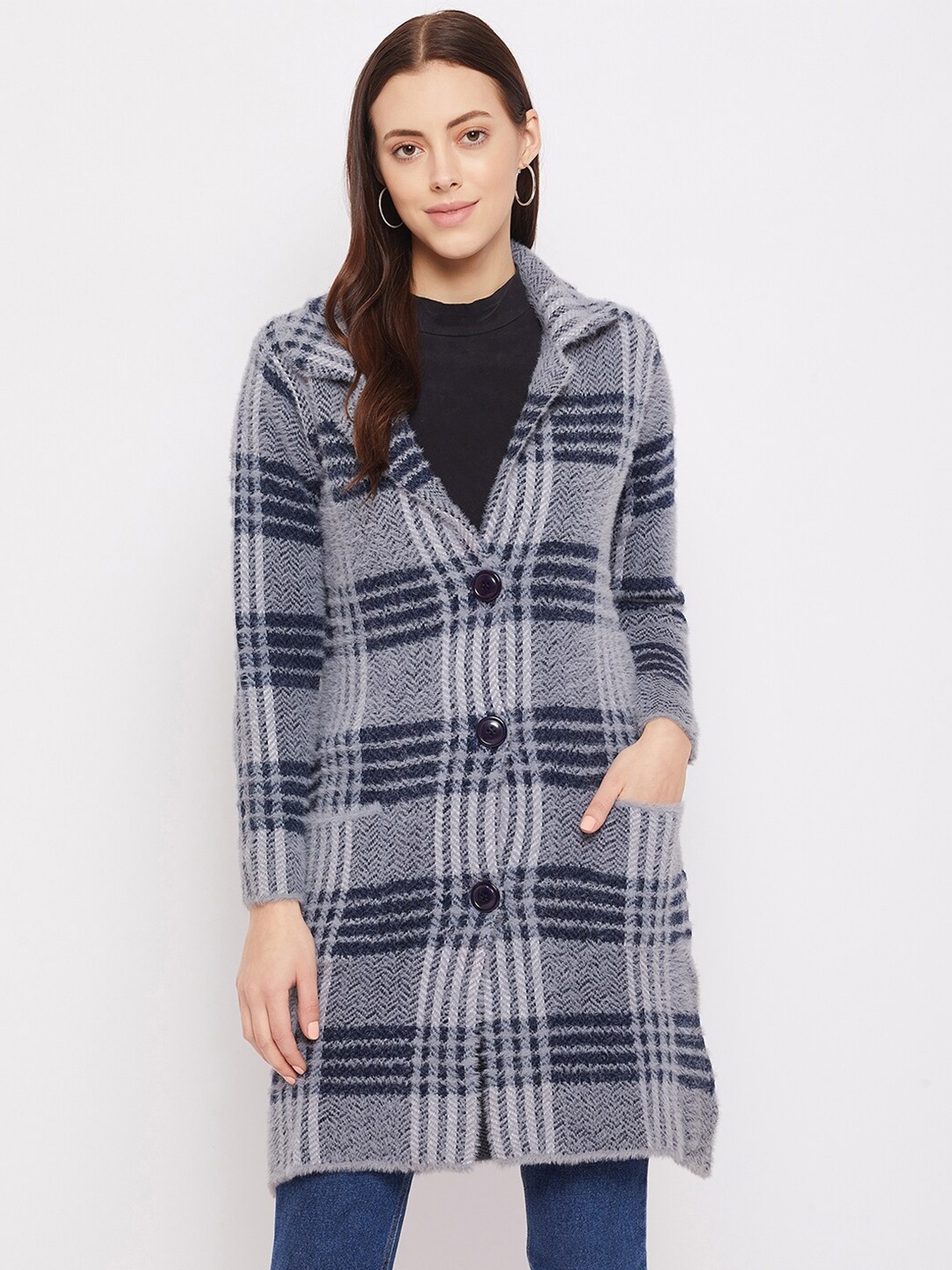 

Duke Women Navy Blue & Grey Checked Longline Cardigan