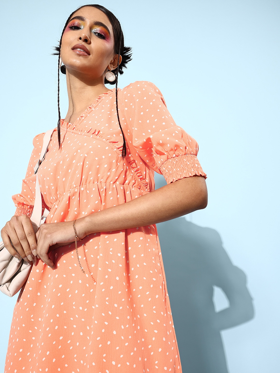 

Mast & Harbour Women Attractive Peach Polka-Dotted Feminine Frills Dress