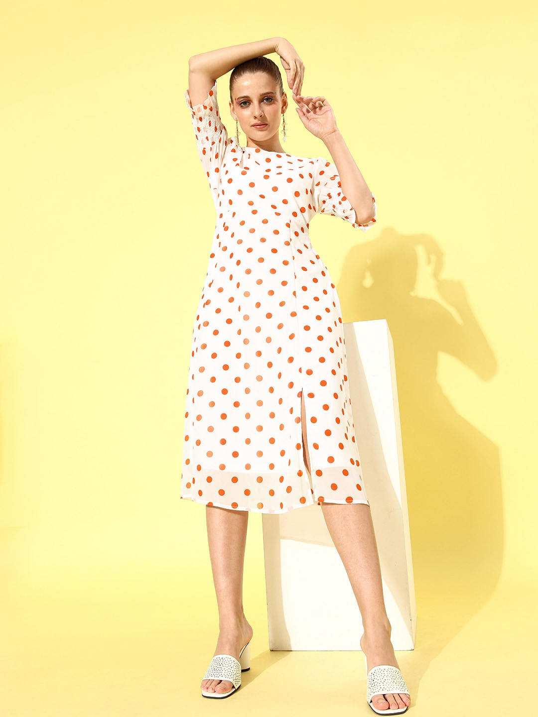 

Mast & Harbour Off White & Orange Polka Dot Print A-Line Casual Dress