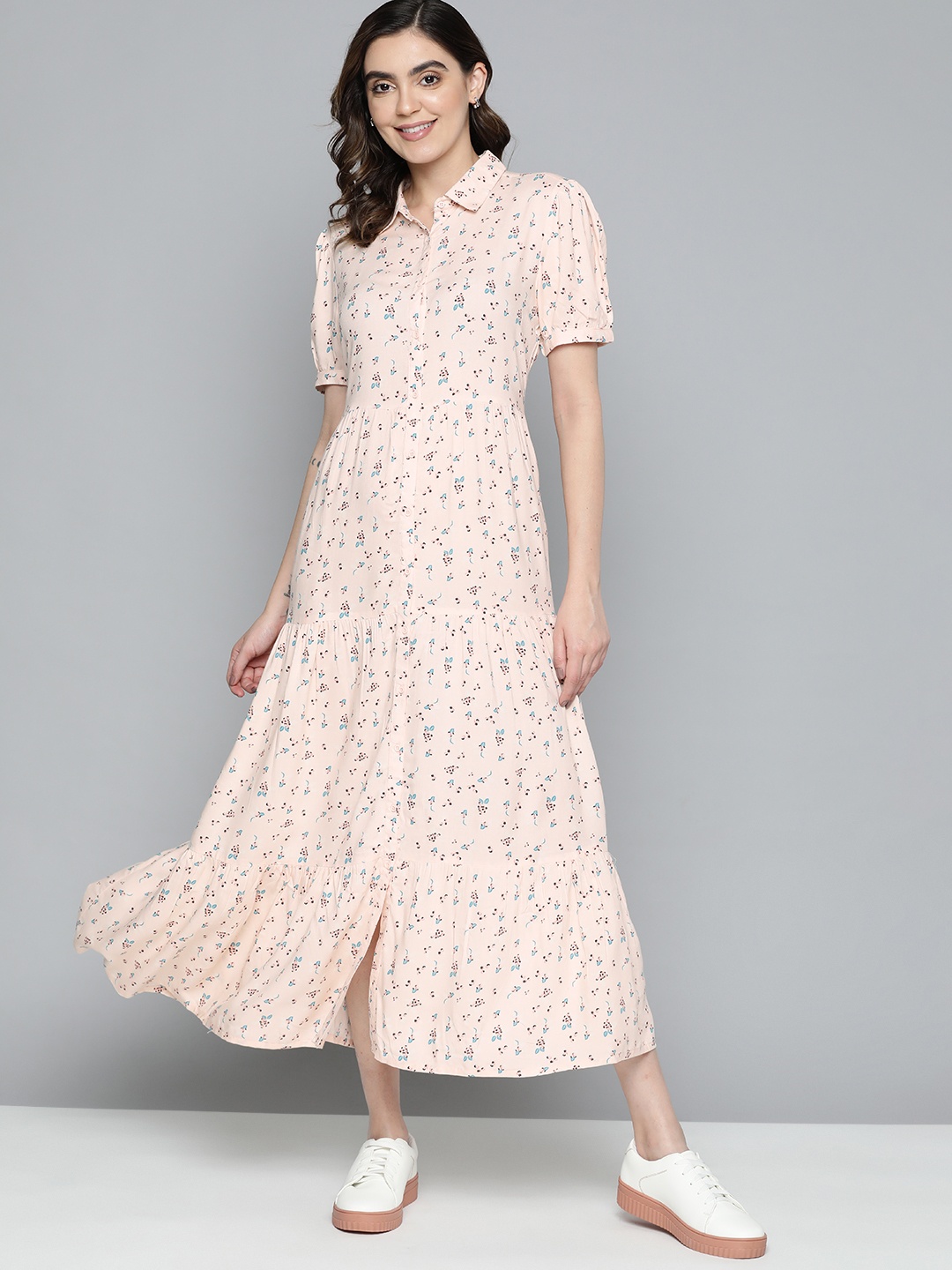 

Mast & Harbour Floral Shirt Tiered Dress, Peach