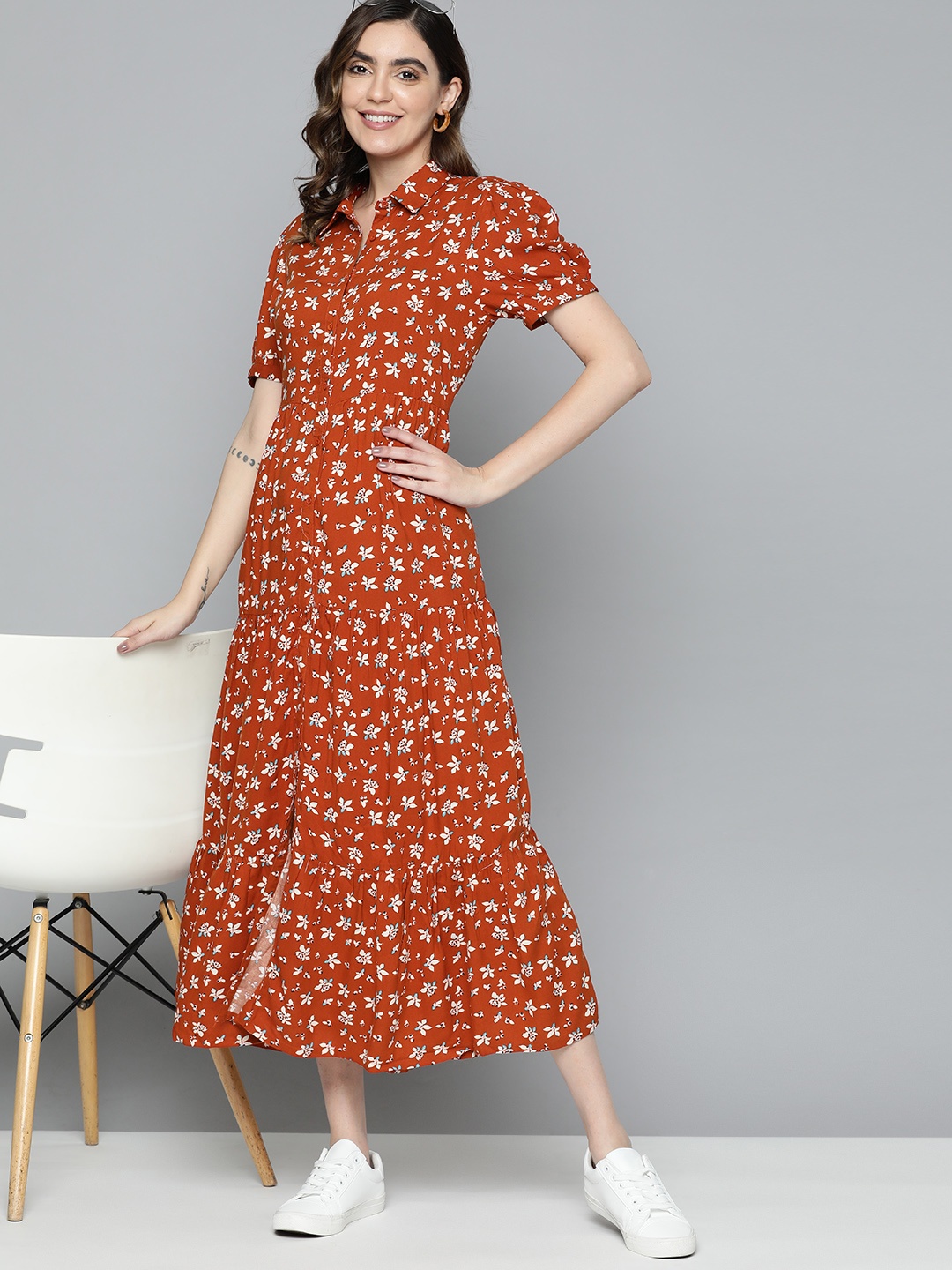 

Mast & Harbour Floral Maxi Tiered Shirt Dress, Rust