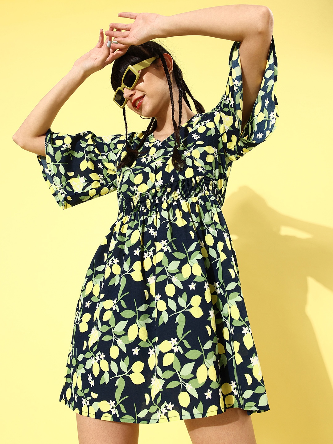 

Mast & Harbour Women Teal & Multicoloured Floral Print Fit And Flare Casual Dress