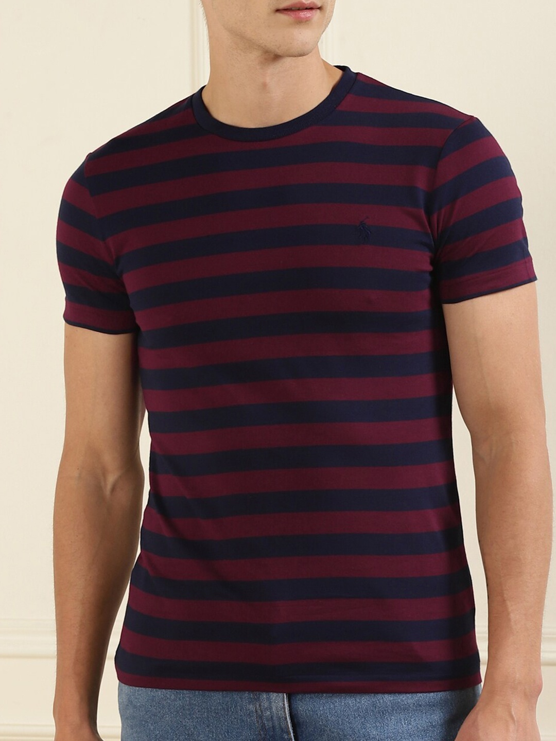

Polo Ralph Lauren Men Maroon & Navy Blue Striped Pure Cotton T-shirt
