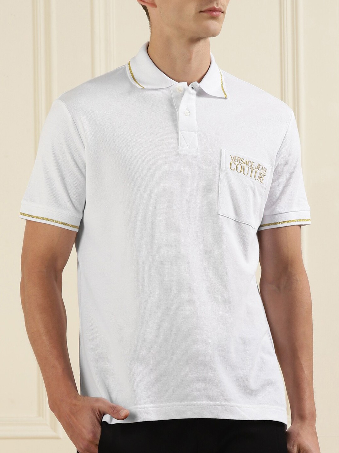 

Versace Jeans Couture Men White Polo Collar Pockets Pure Cotton T-shirt