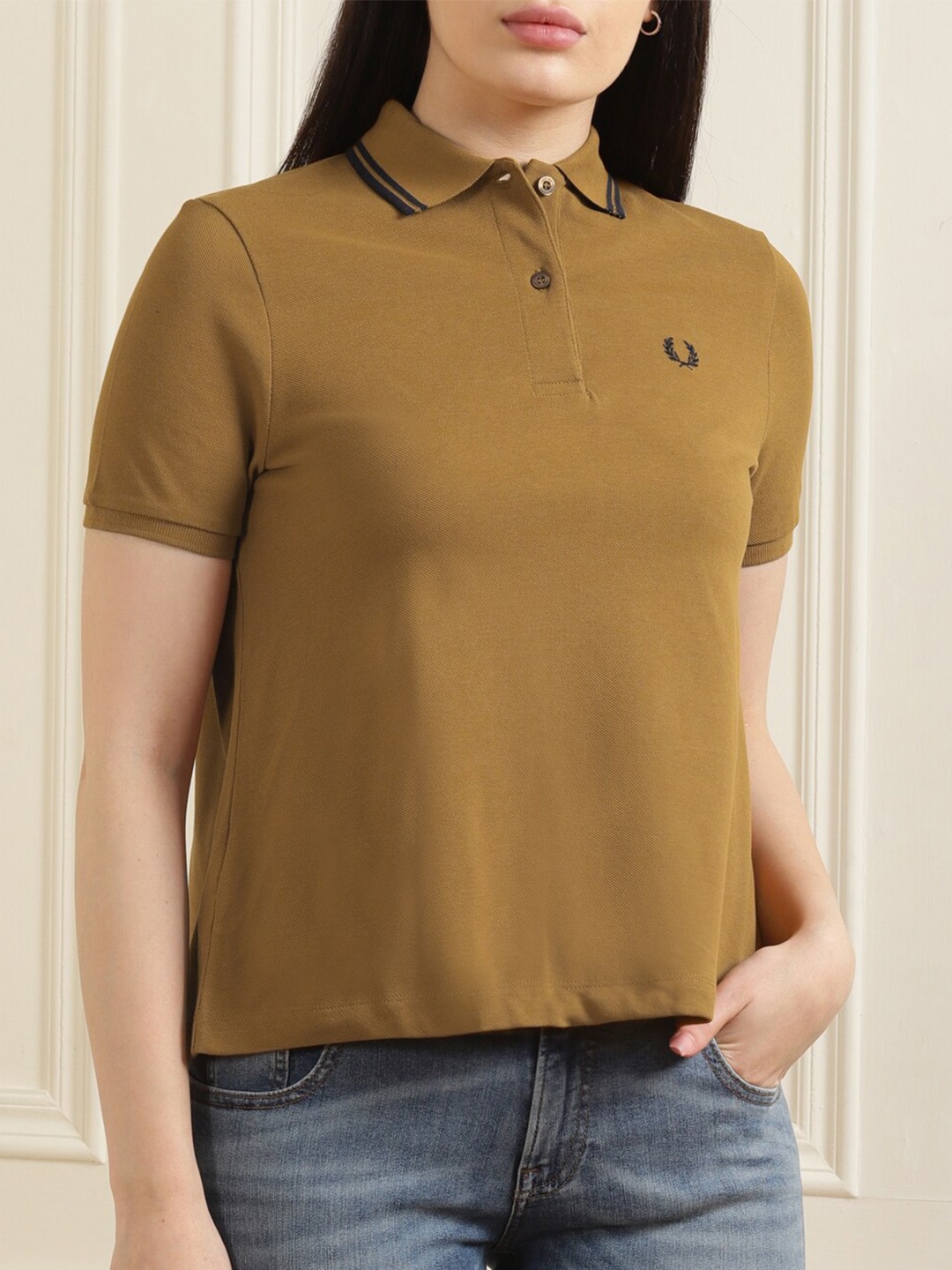 

Fred Perry Women Brown Polo Collar Pure Cotton T-shirt