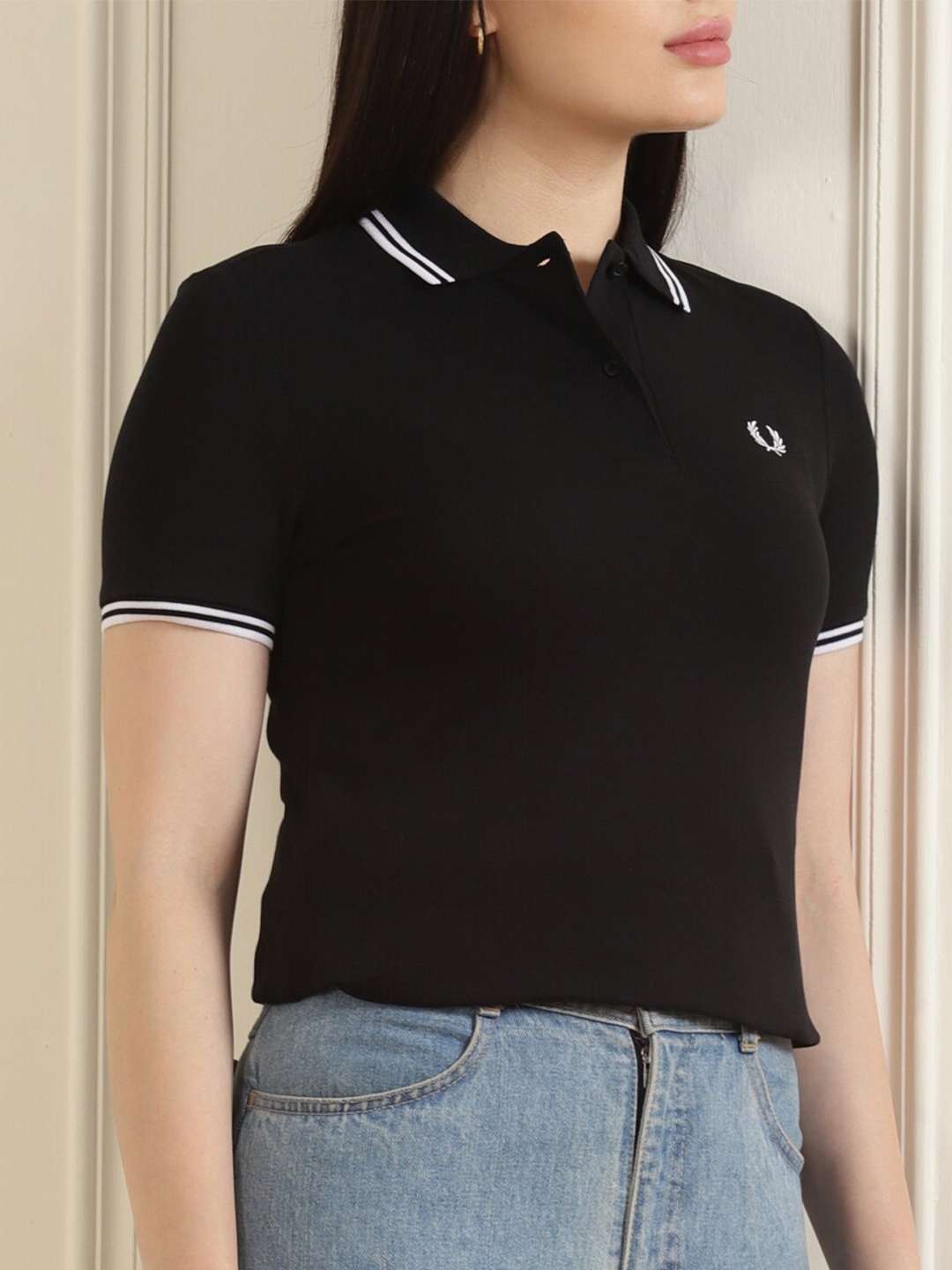 

Fred Perry Women Black Polo Collar Pure Cotton T-shirt