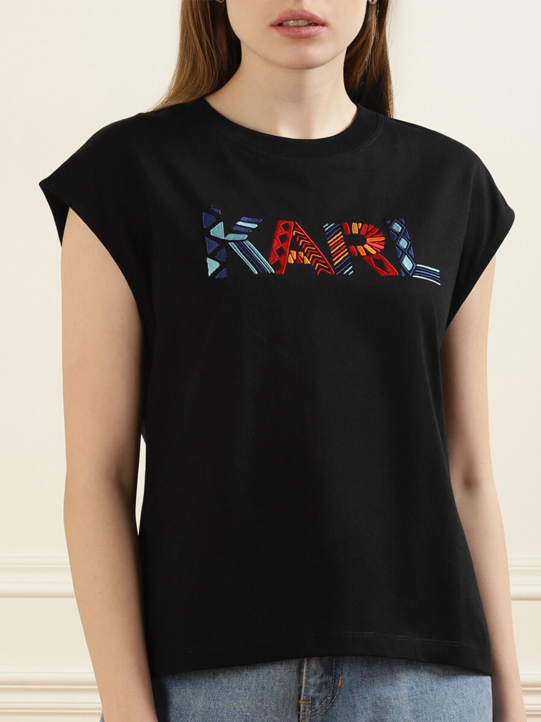

LAGERFELD Black & Red Print Pure Cotton Top