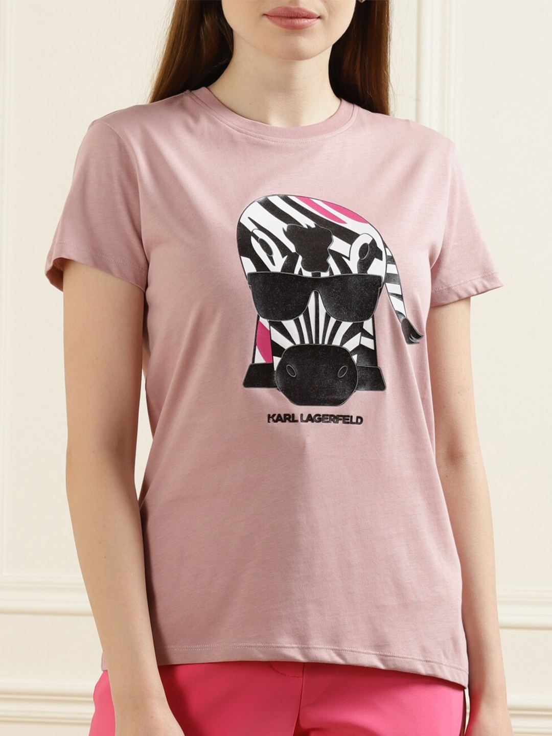 

LAGERFELD Pink & Black Cotton Printed Top