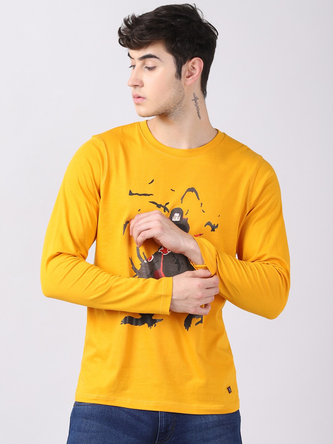 

Bushirt Men Mustard Yellow Printed Pure Cotton T-shirt