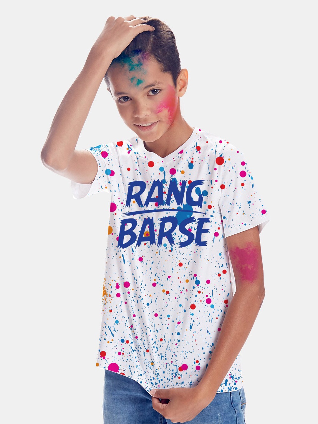 

BONKIDS Boys White & Pink Printed Cotton Holi T-shirt