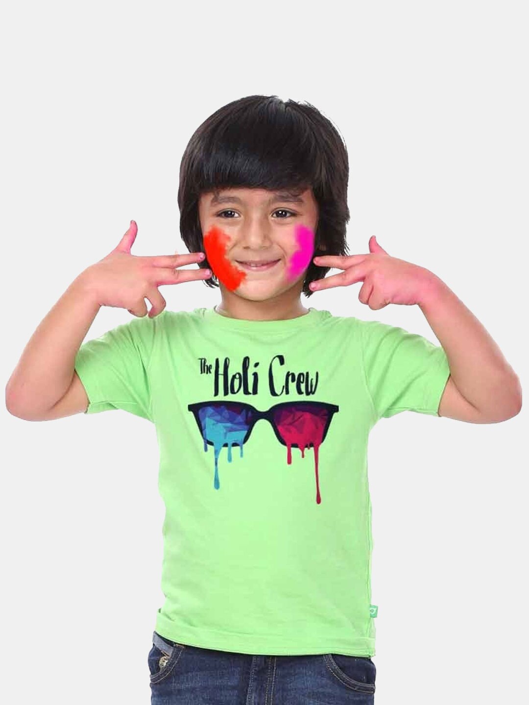 

BONKIDS Boys Green Holi Crew Holi Round Neck T-shirt