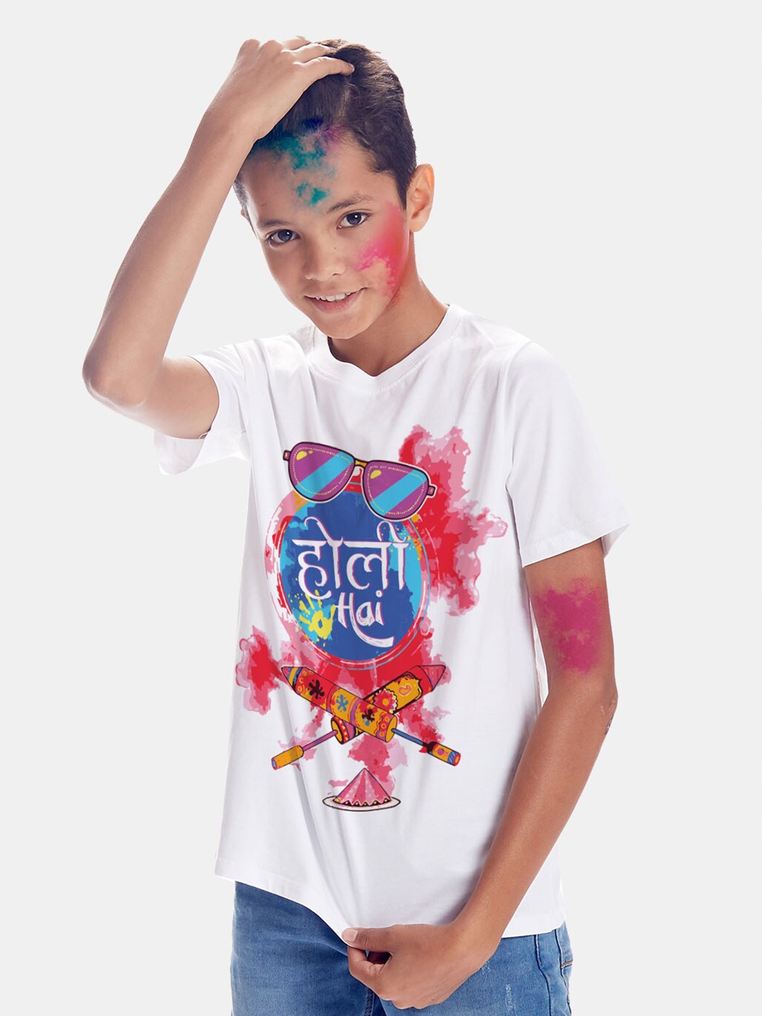 

BONKIDS Boys White Printed Holi T-shirt