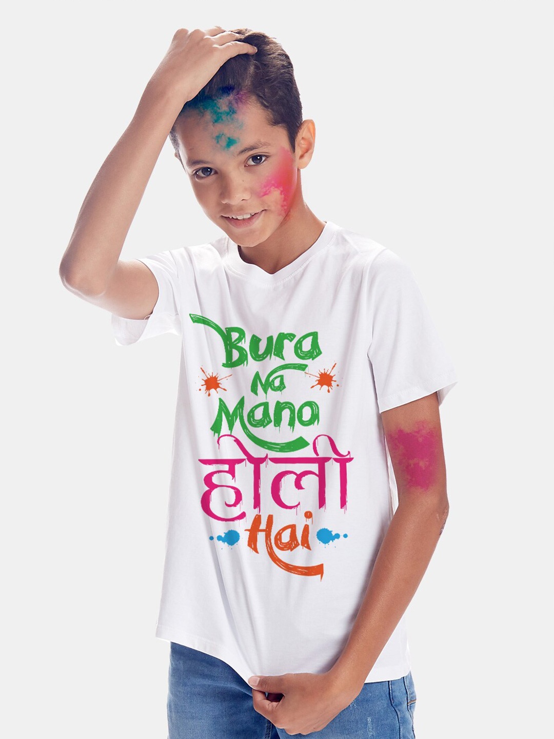 

BONKIDS Boys White Holi Typography Printed Cotton T-shirt