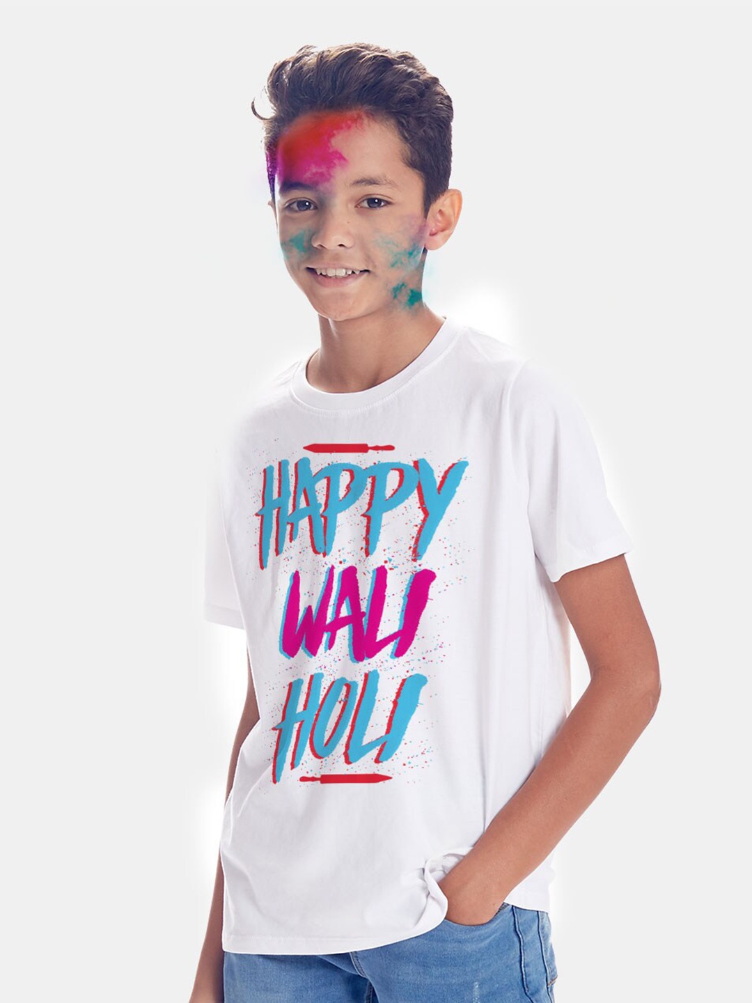 

BONKIDS Boys White & Pink Cotton Printed Holi T-shirt