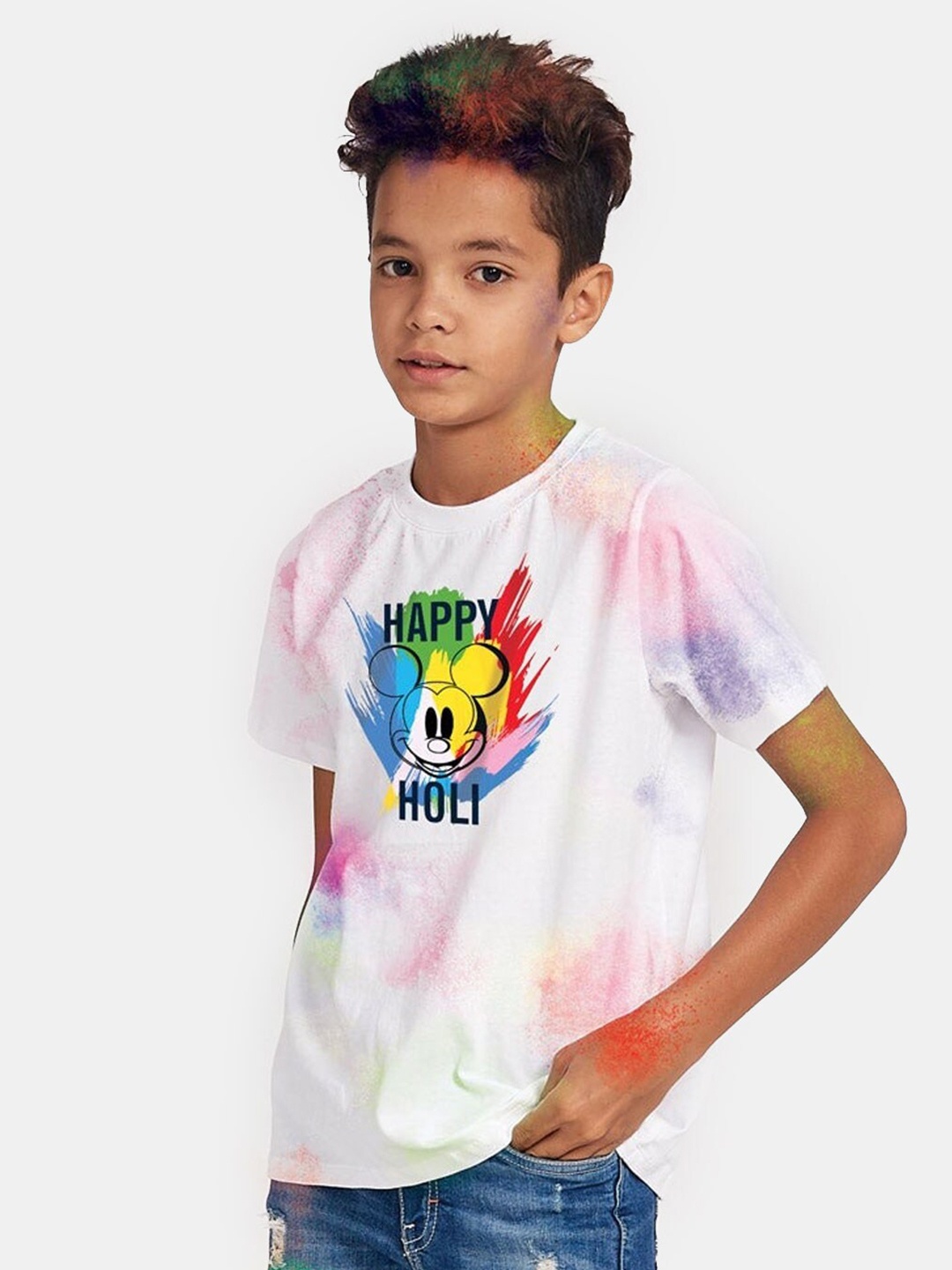 

BONKIDS Boys White & Multicoloured Mickey Mouse Holi Printed T-shirt