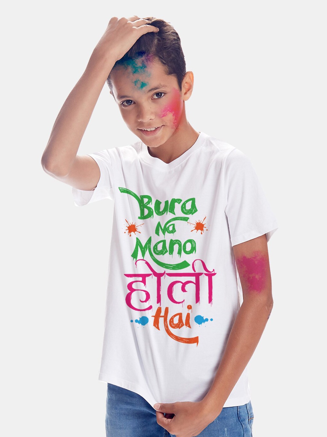 

BONKIDS Boys White Holi Round Neck T-shirt