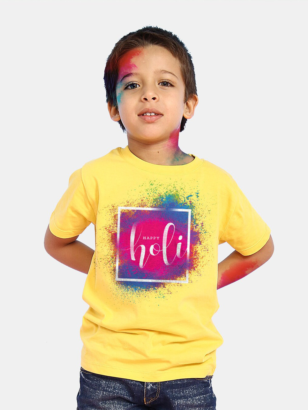 

BONKIDS Boys Yellow & Pink Printed Cotton Holi T-shirt