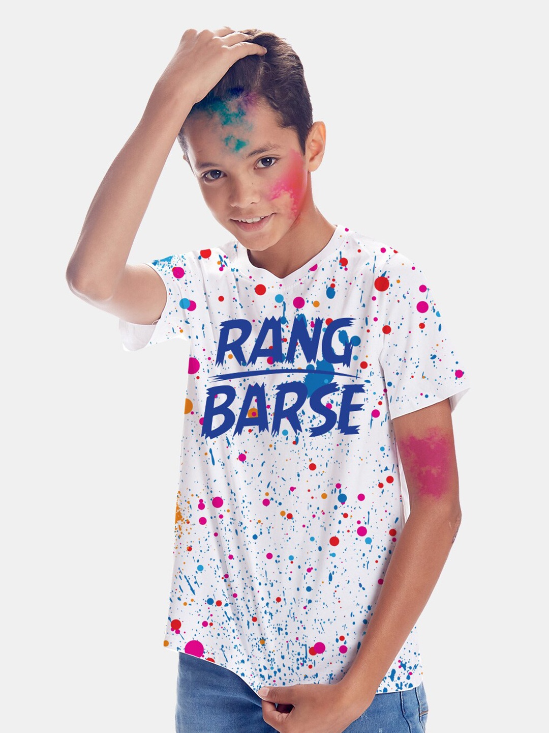 

BONKIDS Boys White & Blue Typography Printed Cotton Holi T-shirt