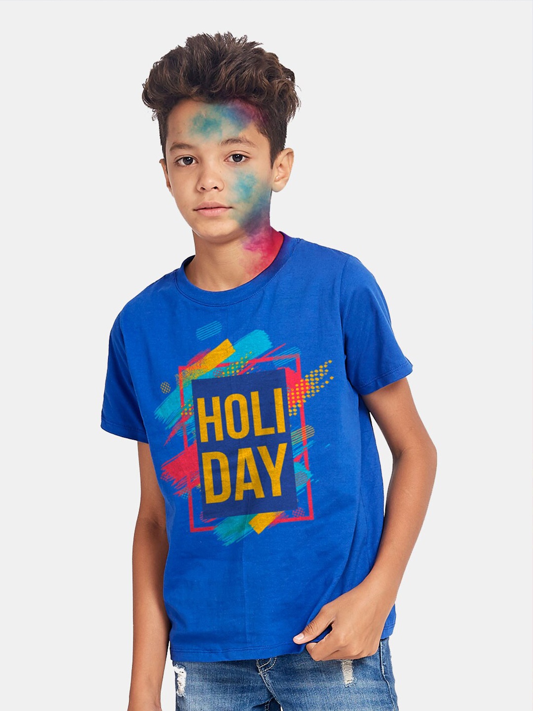 

BONKIDS Boys Blue Holi Day Holi Round Neck T-shirt