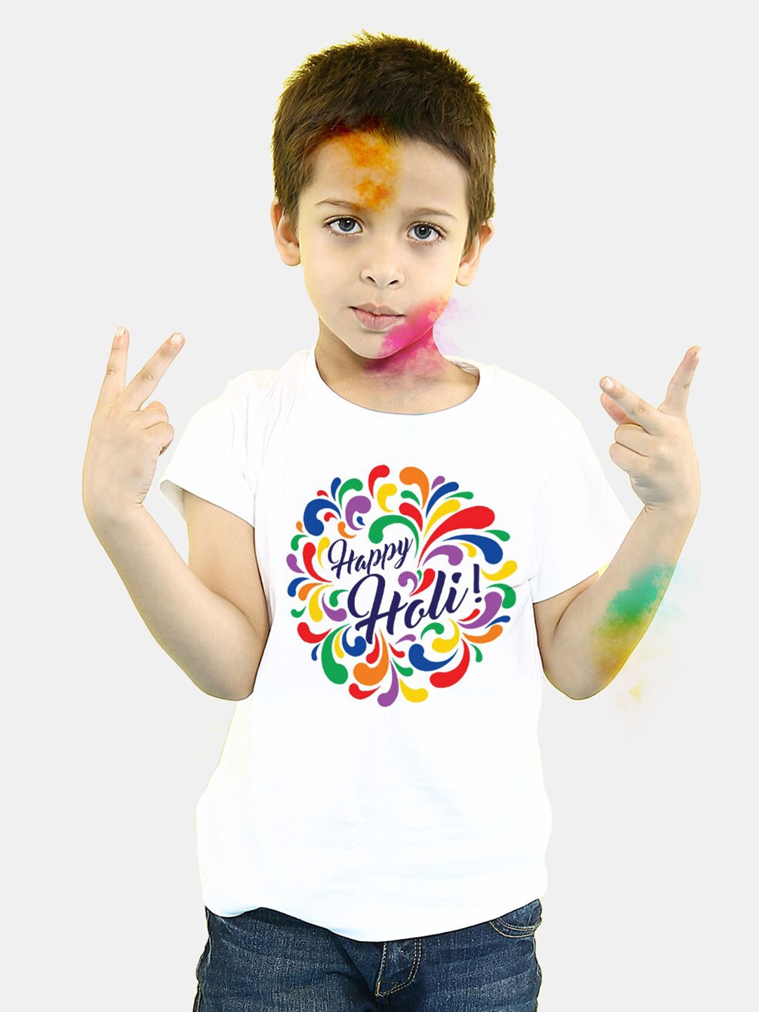 

BONKIDS Boys White Printed Happy Holi T-shirt