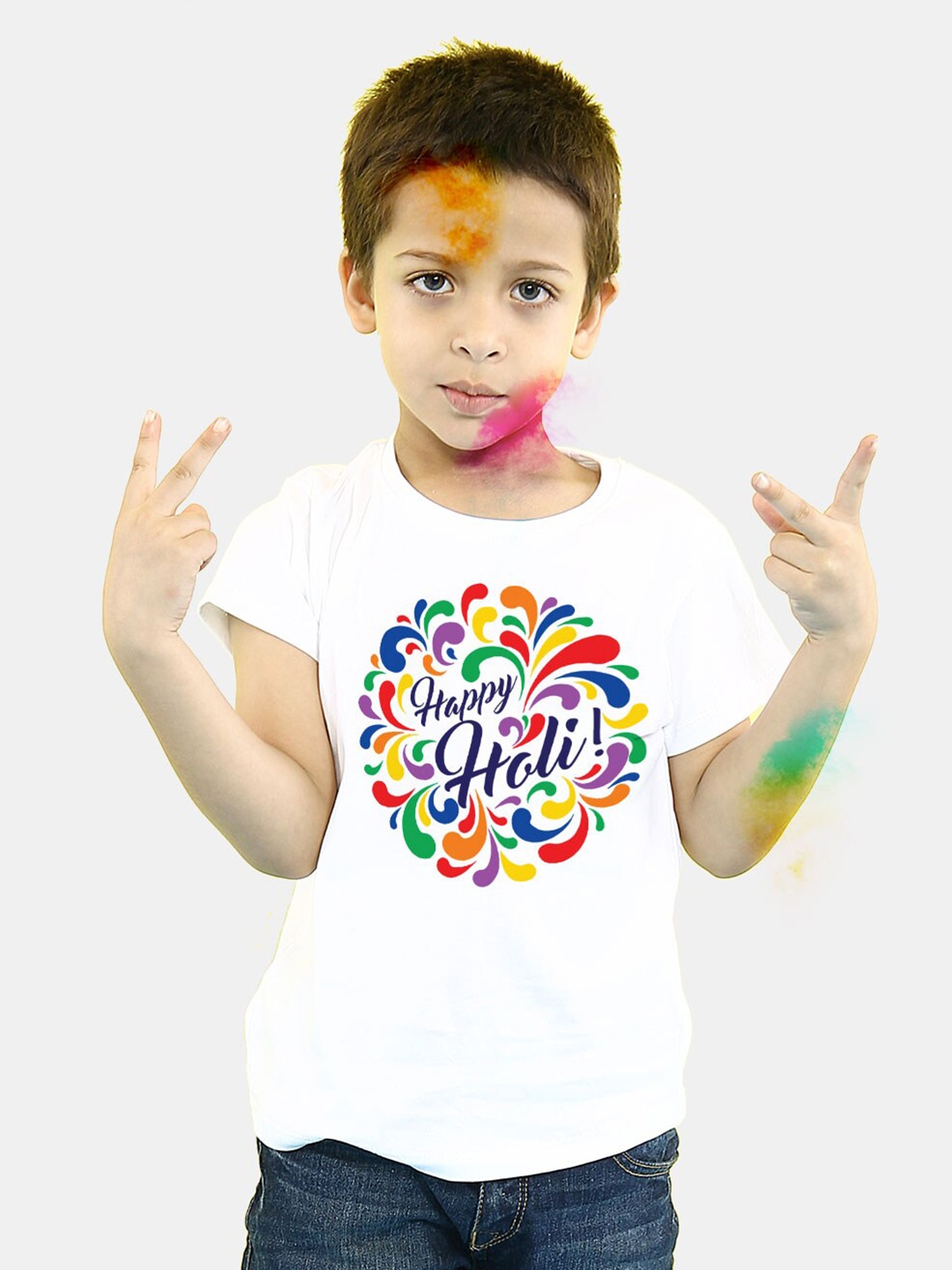 

BONKIDS Boys White Happy Holi Round Neck T-shirt