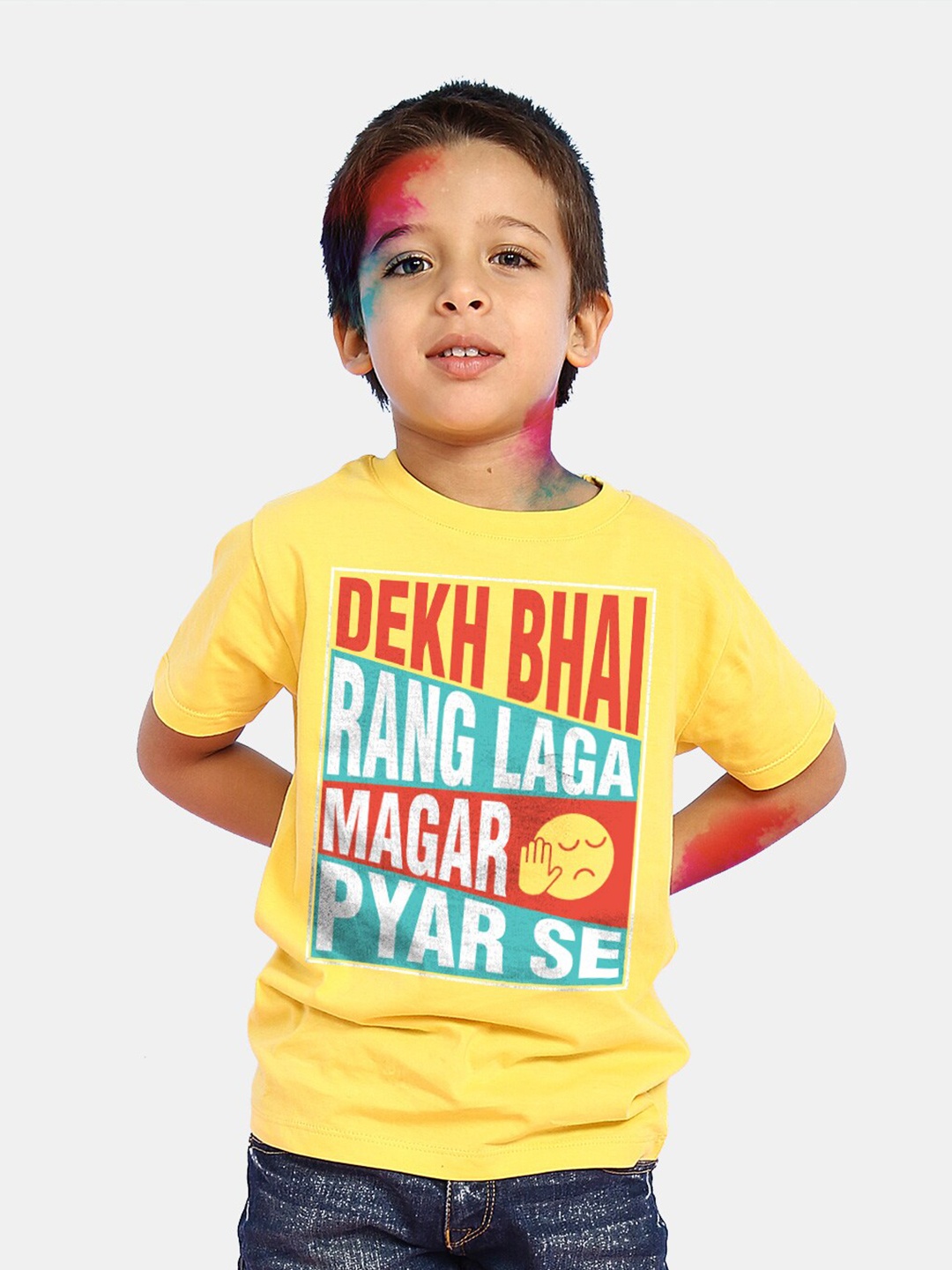 

BONKIDS Boys Yellow & Red Typography Printed Cotton T-shirt