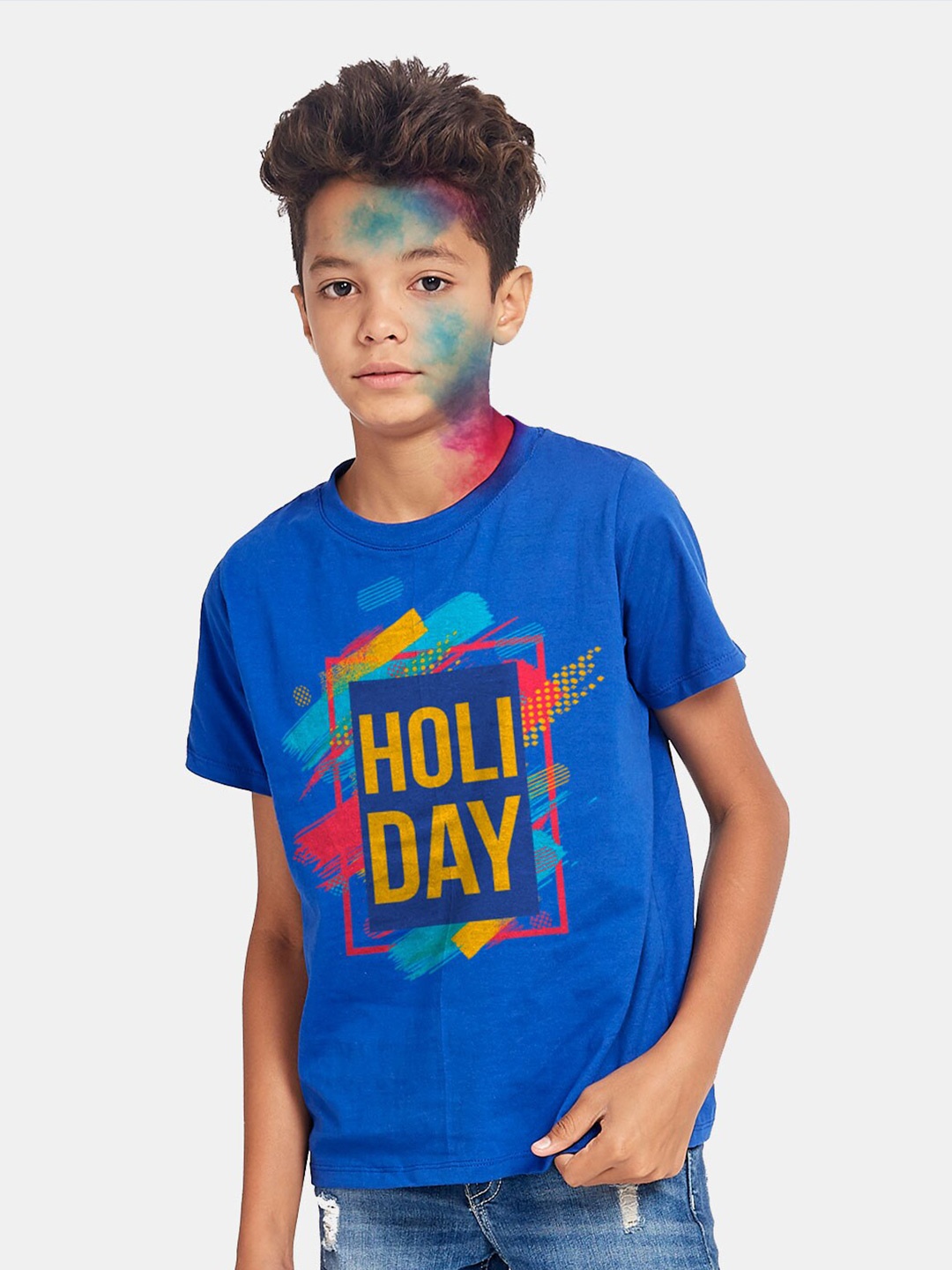 

BONKIDS Boys Blue Holi Day Holi Round Neck T-shirt
