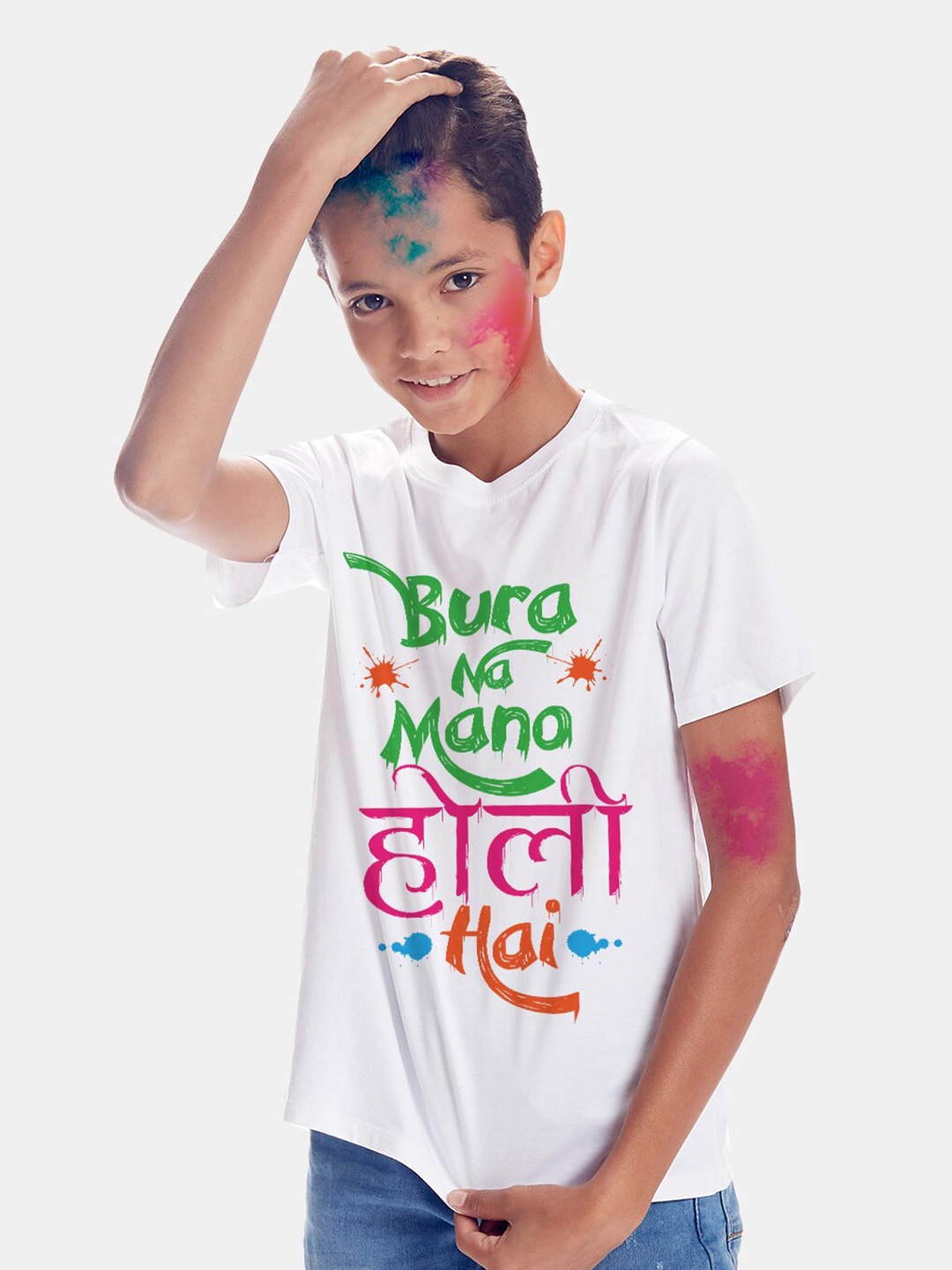 

BONKIDS Boys White Bura Na Mano Holi Round Neck T-shirt