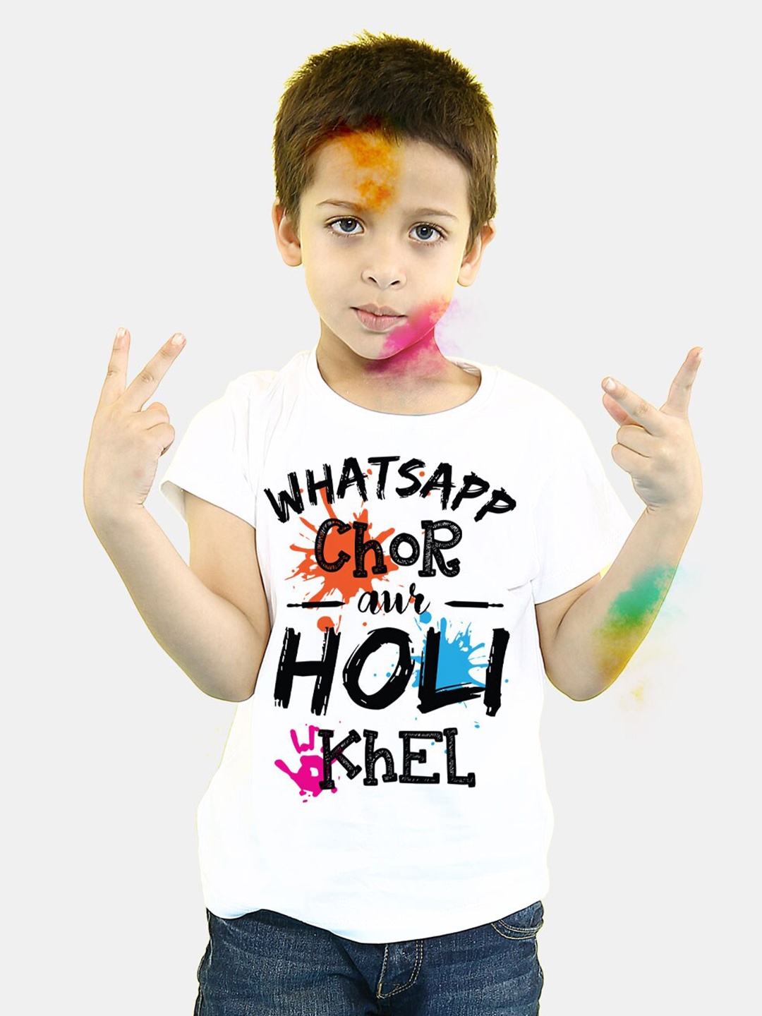 

BONKIDS Boys White Whatsapp Chor Aur Holi Khel Holi Round Neck T-shirt