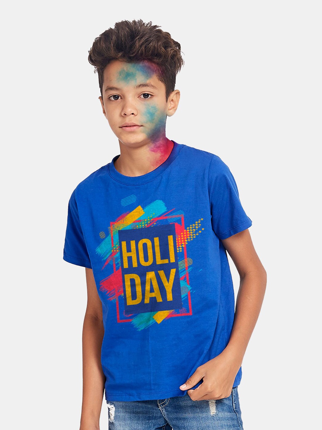 

BONKIDS Boys Blue Holi Day Holi Round Neck T-shirt