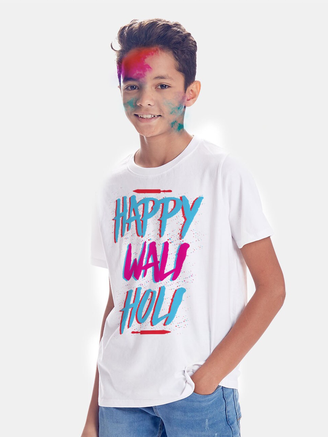 

BONKIDS Boys White Happy Wali Holi Round Neck T-shirt