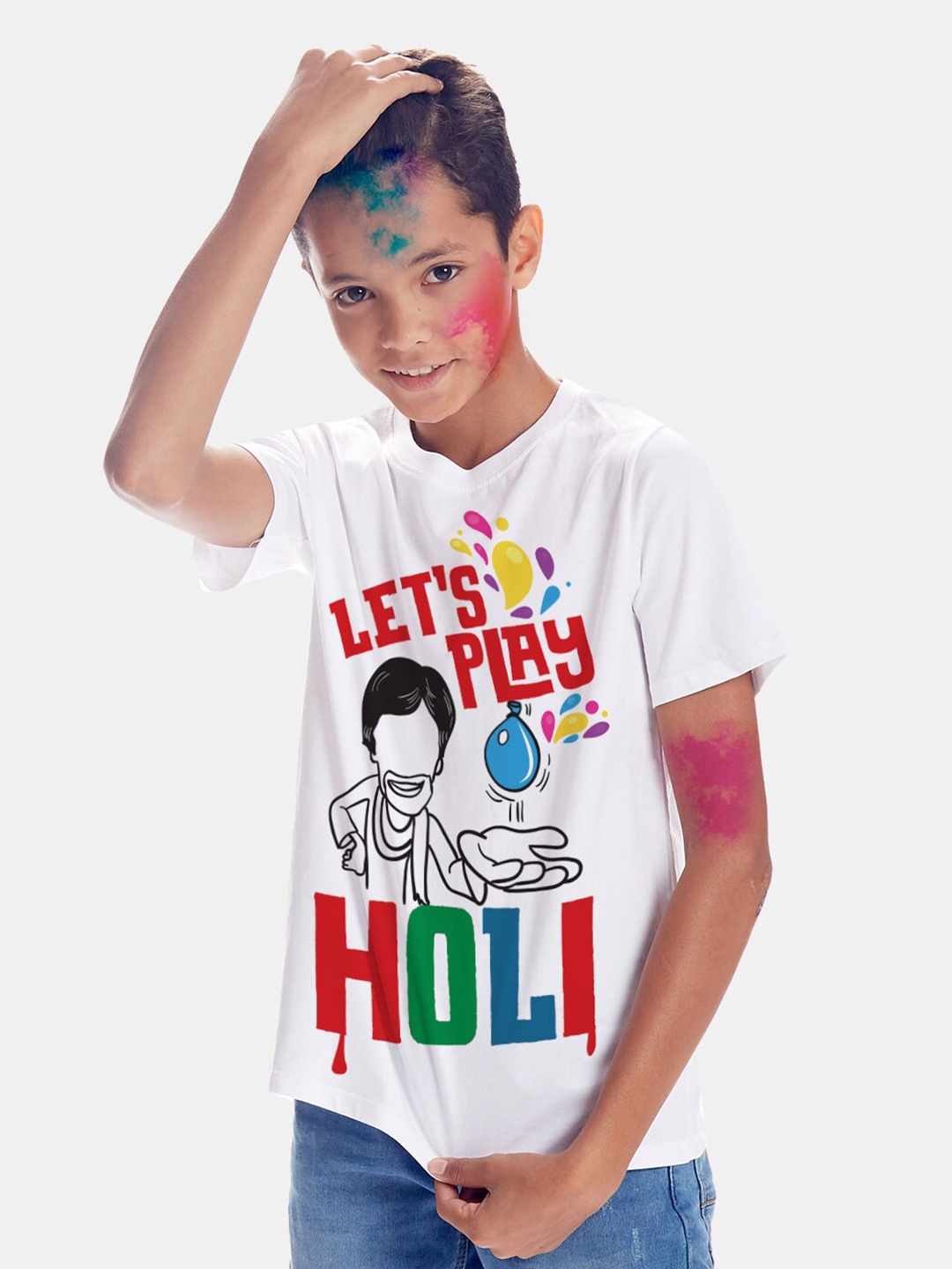 

BONKIDS Boys White Lets Play Holi Holi Round Neck T-shirt