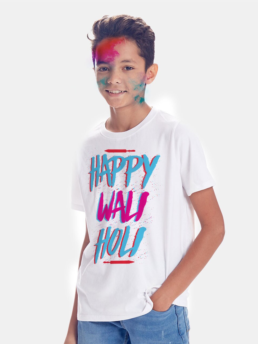 

BONKIDS Boys White Happy Wali Holi Round Neck T-shirt