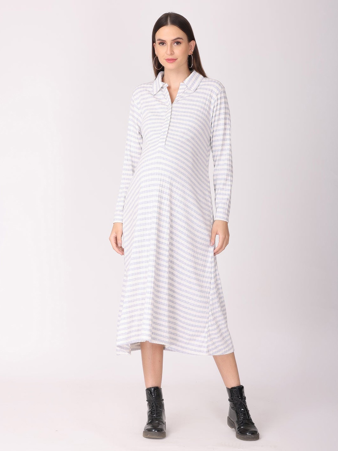 

The Mom Store White Striped Maternity Shirt Pure Cotton Midi Dress