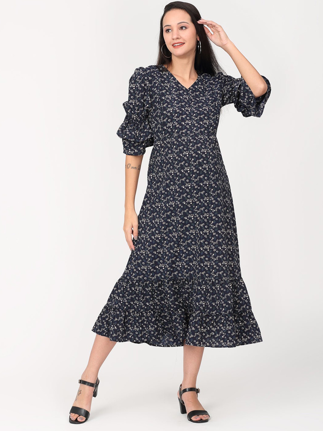 

The Mom Store Navy Blue & Cream-Coloured Floral Printed Maternity A-Line Midi Dress