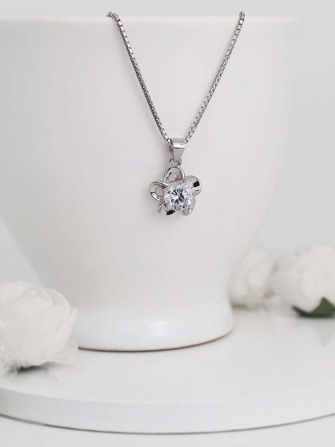 

GIVA Silver-Toned 925 Sterling Cubic Zirconia Mini Flower Pendant with Link Chain
