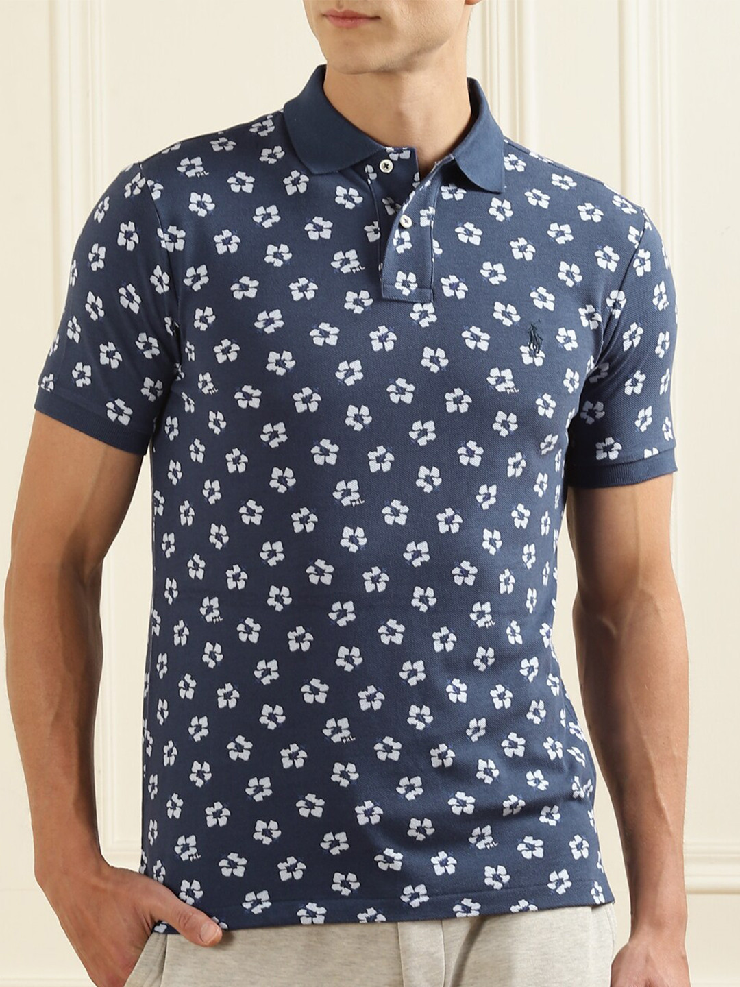 

Polo Ralph Lauren Men Navy Blue Printed Polo Collar Tropical T-shirt