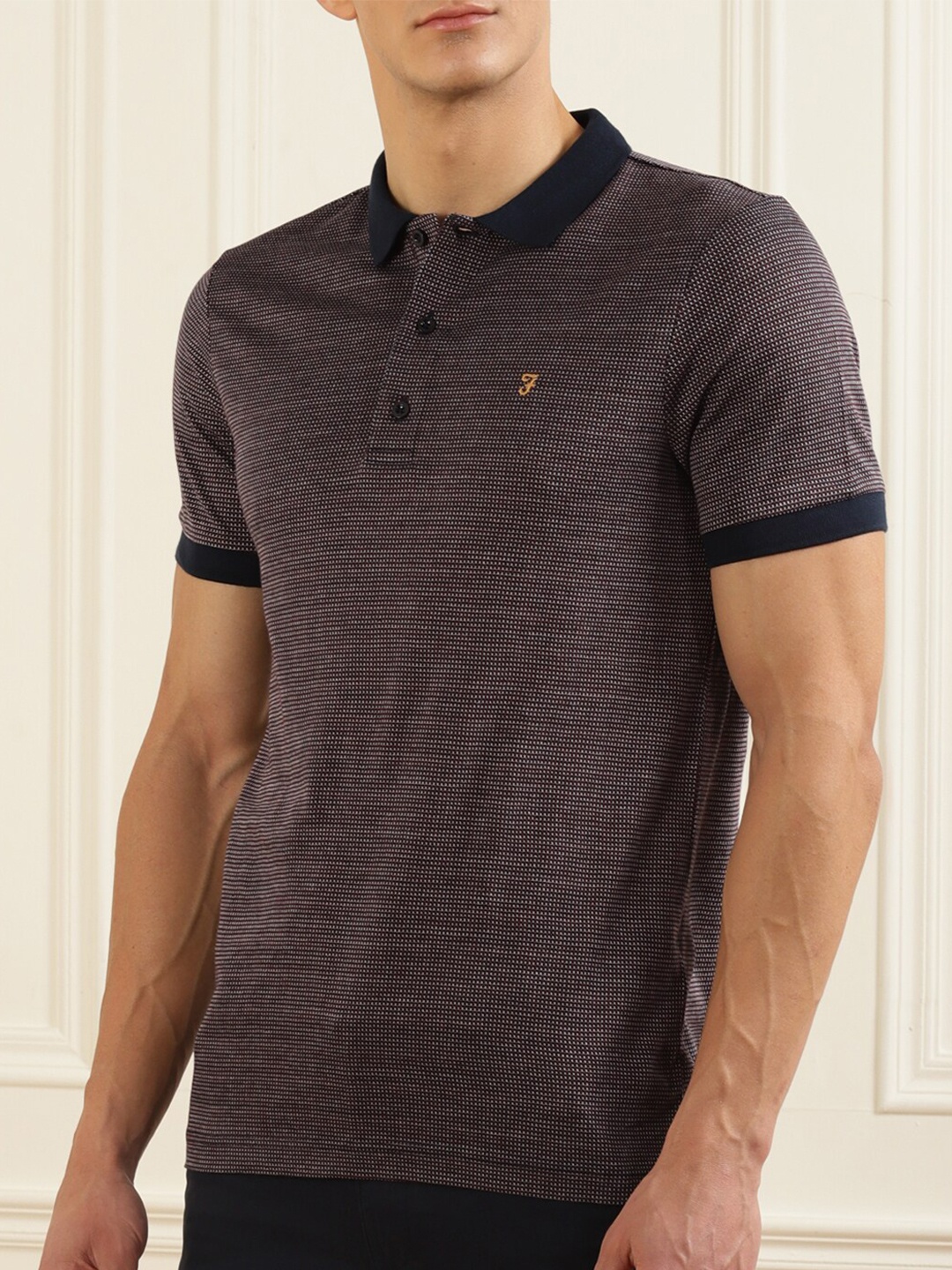 

Farah Men Navy Blue Textured Pure Organic Cotton Polo Collar T-shirt