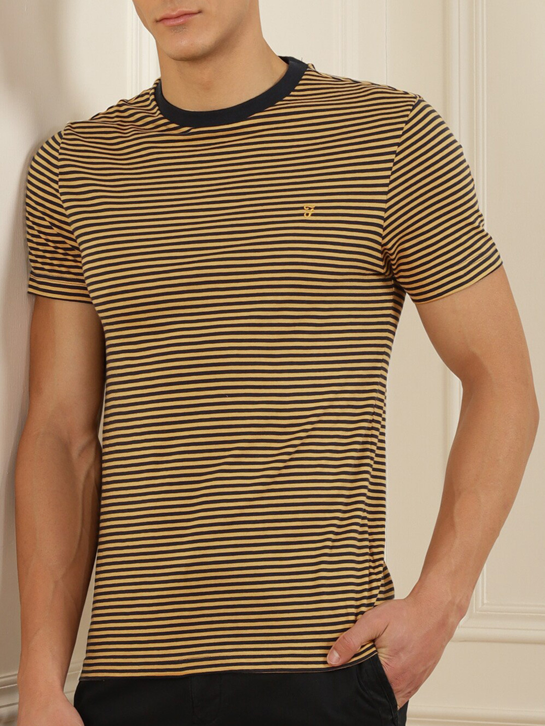 

Farah Men Yellow & Black Striped Pure Cotton T-shirt