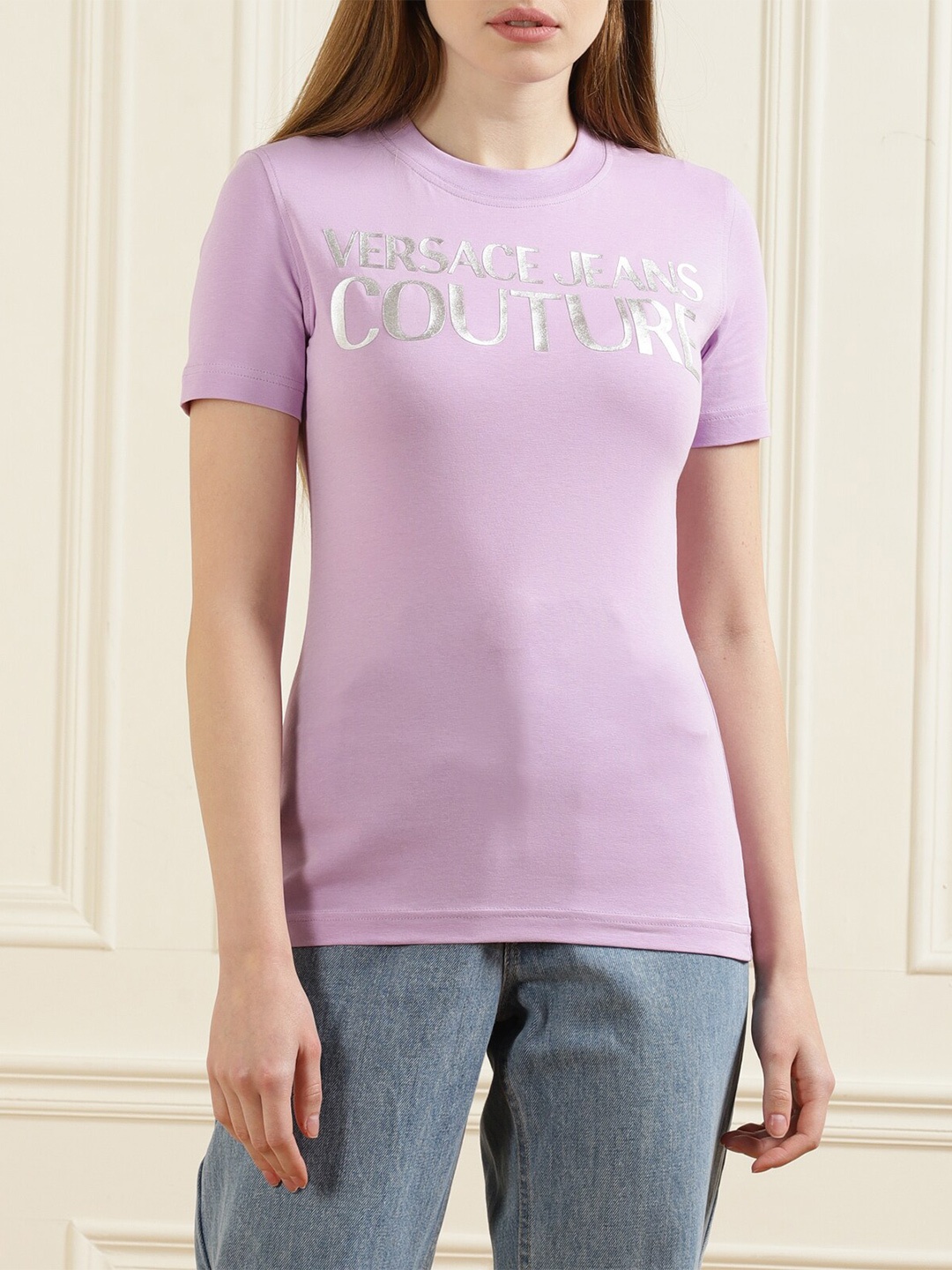 

Versace Jeans Couture Women Purple Typography Printed Pure Cotton T-shirt
