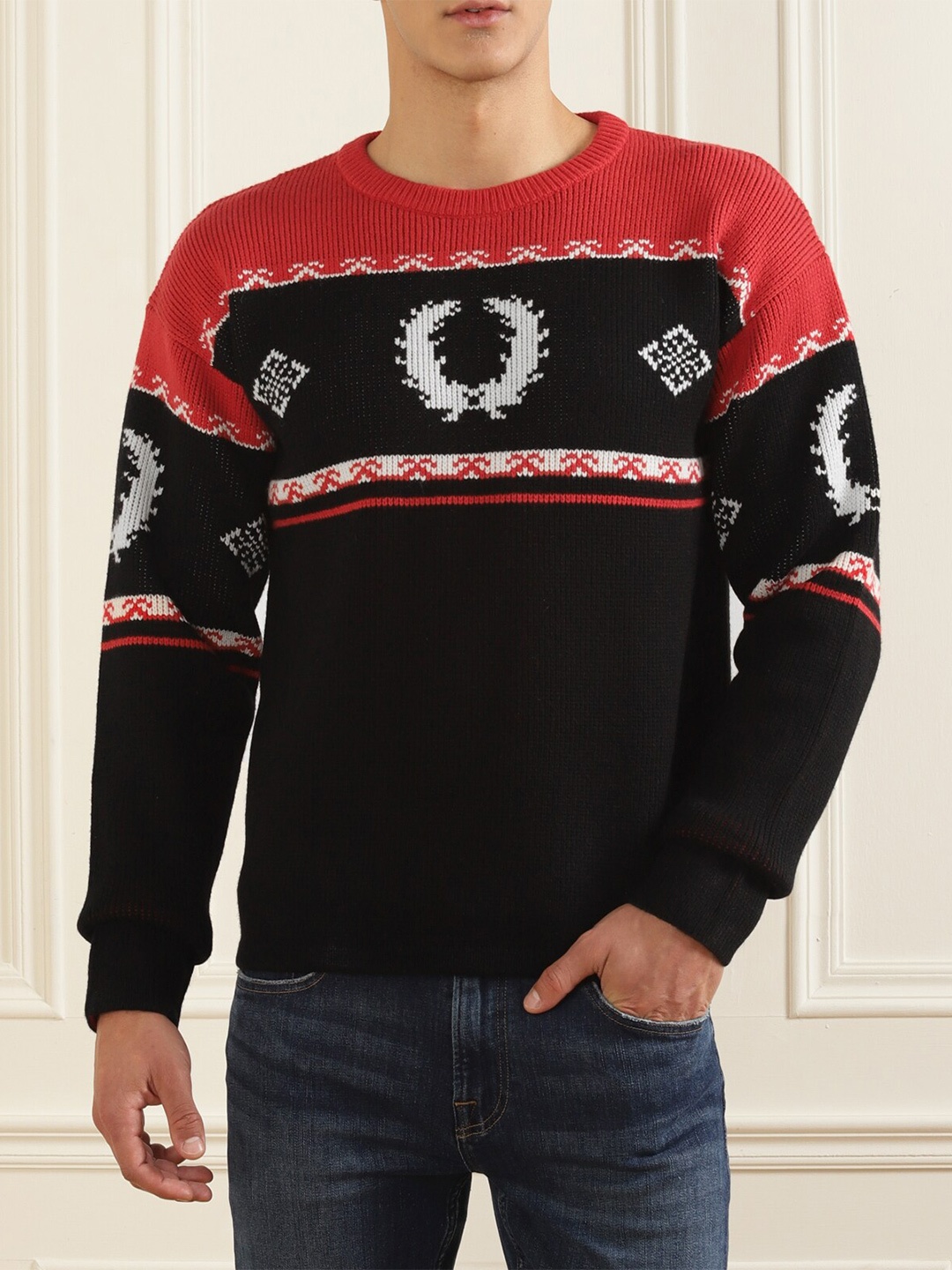 

Fred Perry Men Black & Red Fair Isle Printed Pure Cotton Pullover