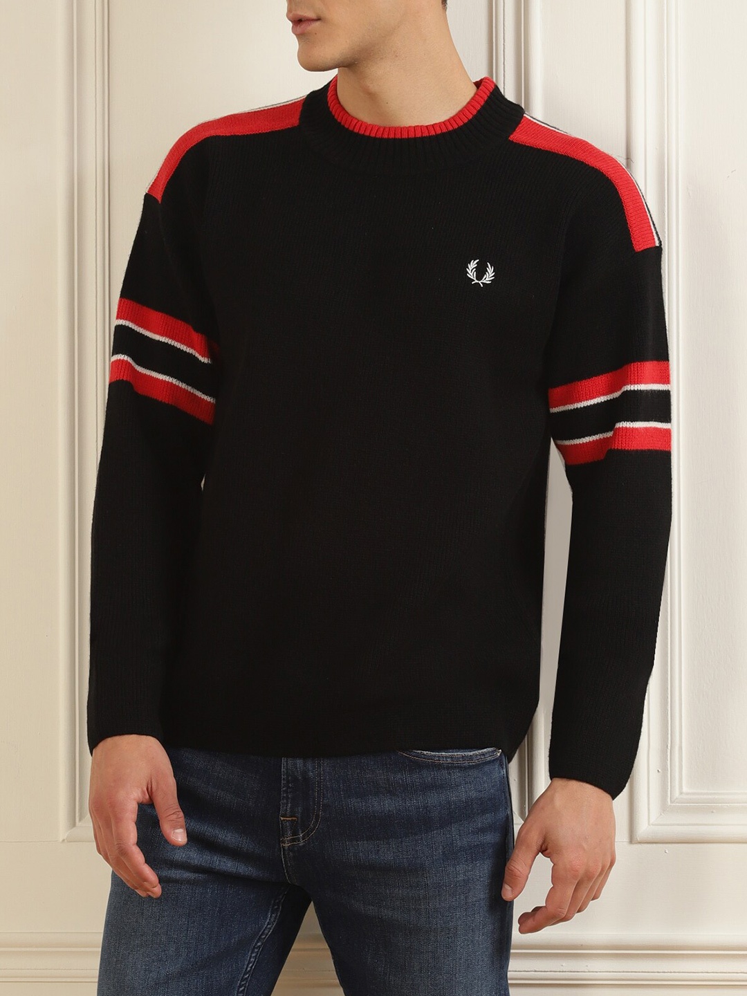 

Fred Perry Men Black & Red Colourblocked Pure Cotton Pullover