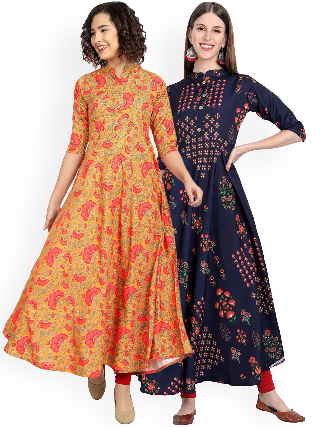 

7Threads Set Of 2 Women Multicoloured Floral Printed Floral Crepe Anarkali Kurta, Multi