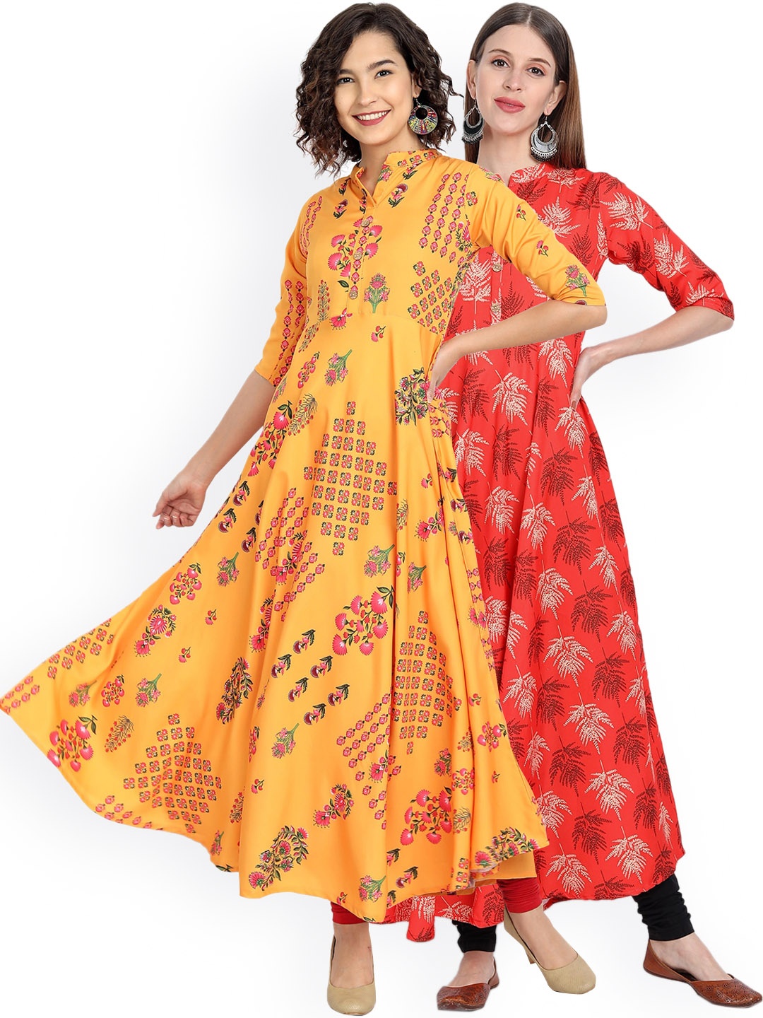 

7Threads Women Pack of 2 Floral Printed Floral Crepe Anarkali Kurta, Mustard