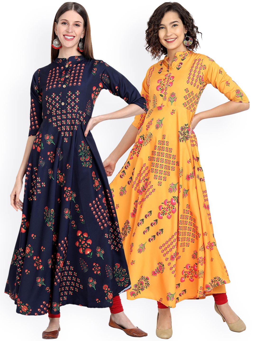 

7Threads Women Pack of 2 Yellow & Navy Blue Floral Printed Crepe Anarkali Kurta