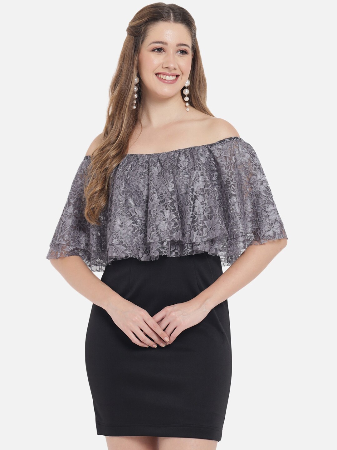 

Just Wow Grey Off-Shoulder Self Design Bodycon Dress