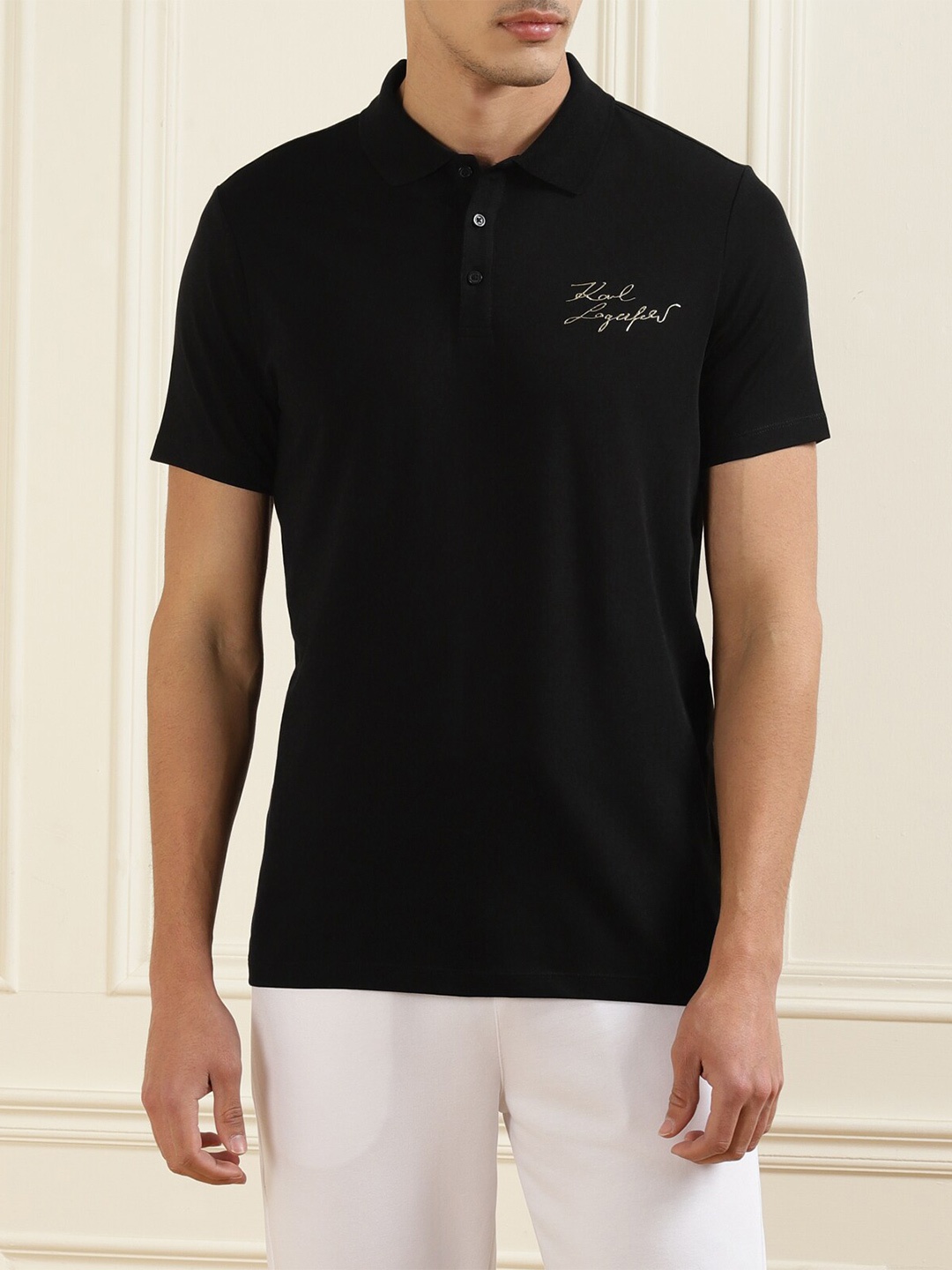 

LAGERFELD Men Black Pure Cotton T-shirt