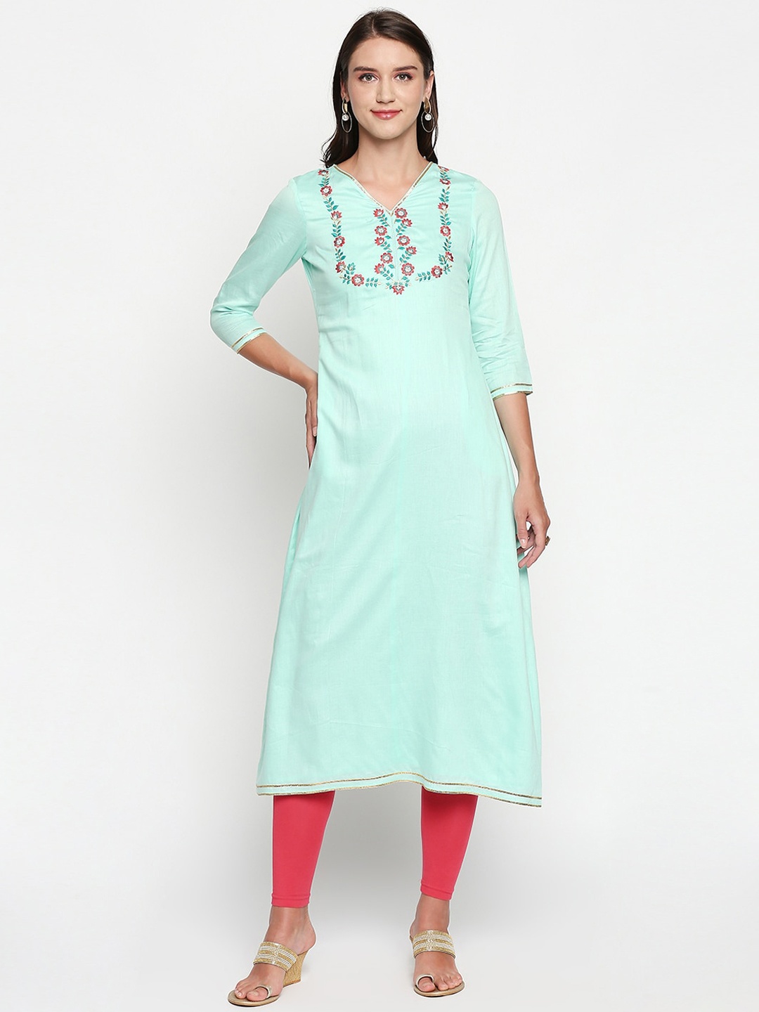 

Lobaanya Women Green Floral Embroidered Thread Work Kurta