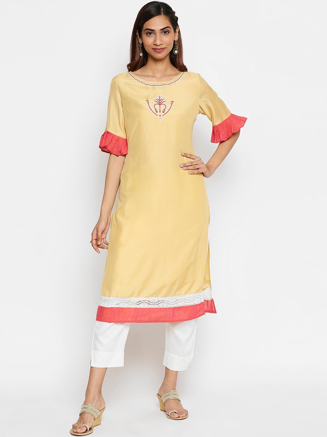 

Lobaanya Women Yellow & Red Ethnic Motifs Yoke Design Bell Sleeves Thread Work Kurta